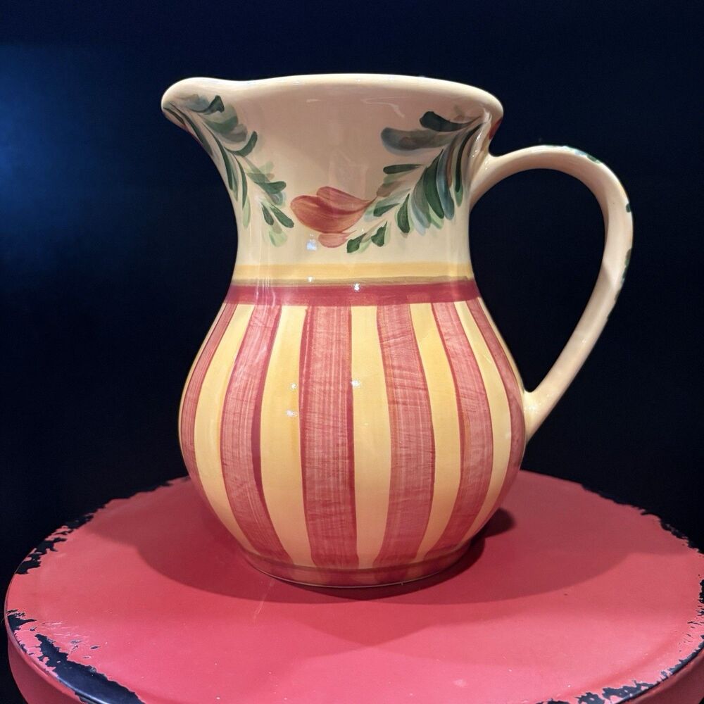 Certified International Gail Pittman Hand Painted Ceramic Pitcher Floral Stripe
